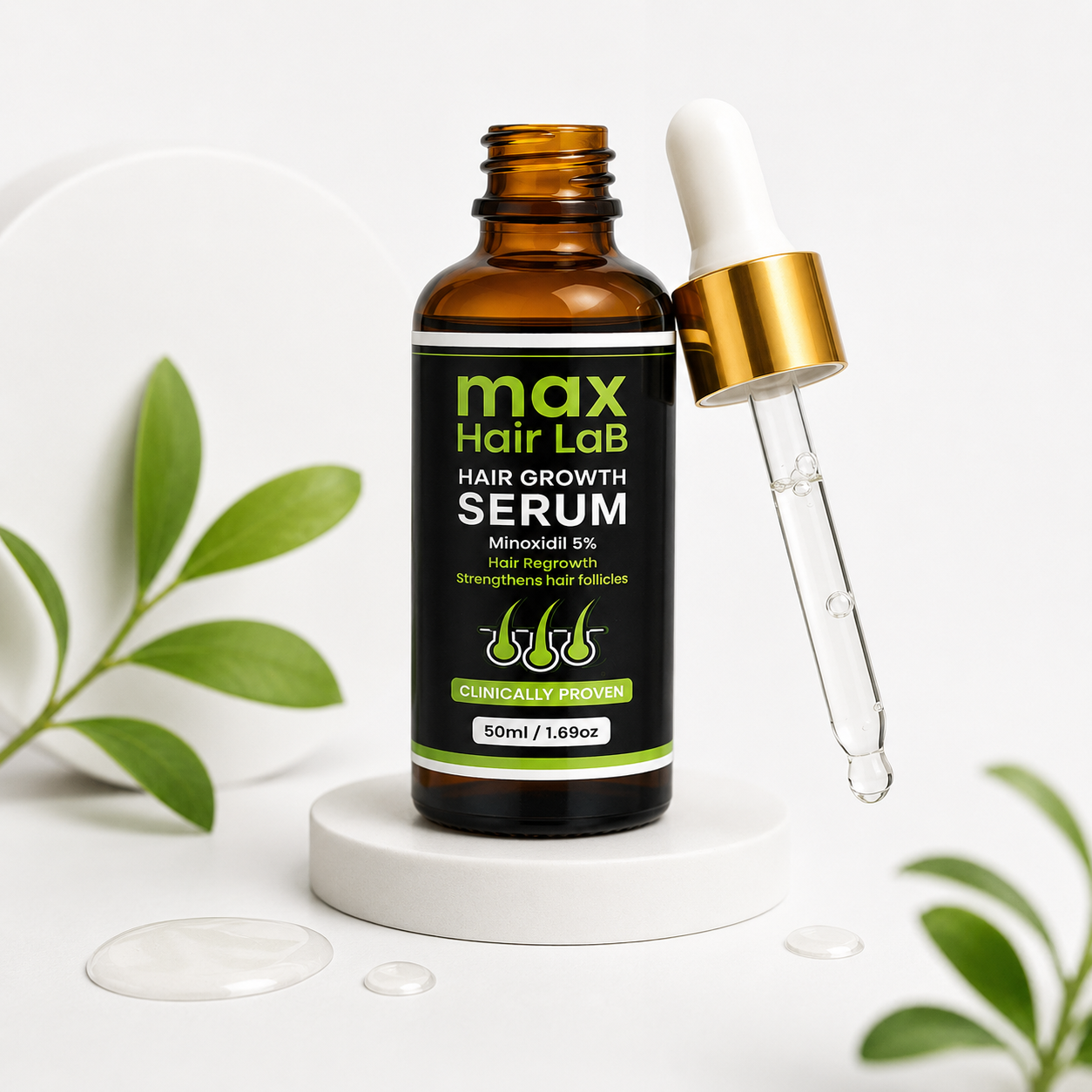 Max Hair Lab Hair Growth Serum bottle with dropper on white platform